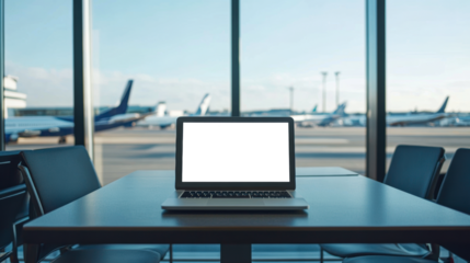 Laptop on table at airport with aircraft nearby isolated on transparent background