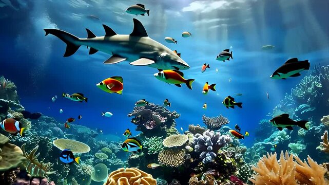Colorful fish swims among coral reefs with a shark in a vibrant underwater ecosystem