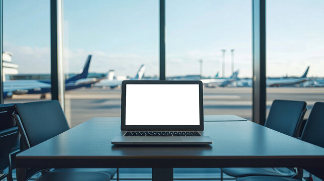 Laptop on table at airport with aircraft nearby isolated on transparent background - Powered by Adobe