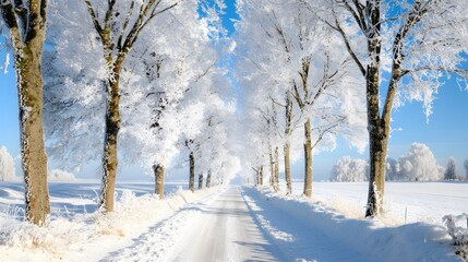 Obraz premium A beautiful winter landscape with white, snow-covered trees and roads covered in fresh powder, creating an enchanting scene of nature's beauty