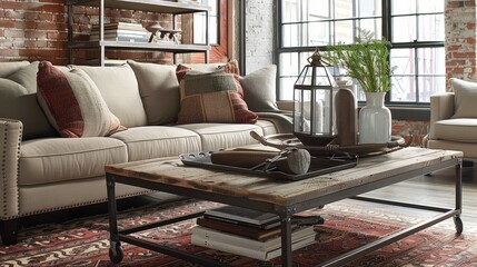 coffee table with a rustic metal frame and a reclaimed wood top