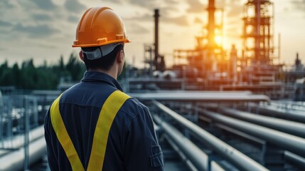 a worker wearing a hard hat with industrial pipelines in the background