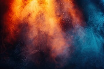 Background of orange and blue color lights shining through fog