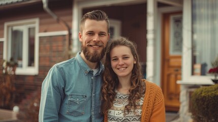 Happy couple standing in front of their new home. Young family buying new house, lifestyle. Rent or own real estate.