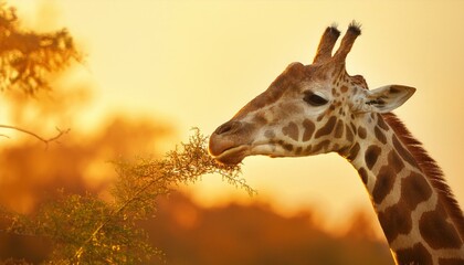 Obraz premium A close-up of a giraffe's head and neck as it reaches for leaves, with the background softly