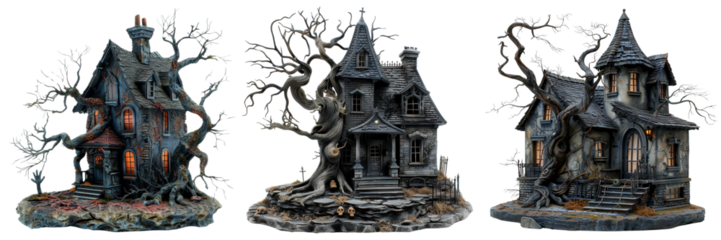 The castle has dry branches all around, giving it a spooky atmosphere.