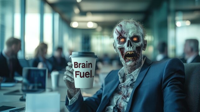 A funny scene of a zombie in a business meeting, holding a coffee cup labeled "Brain Fuel."