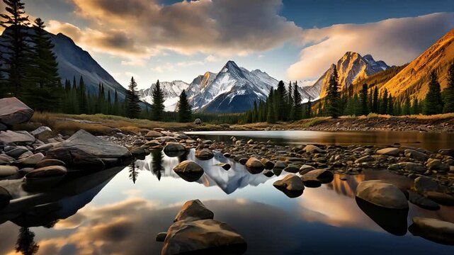 Majestic mountain landscape with trees serene river reflecting the vibrant sky during sunset in a tranquil national park