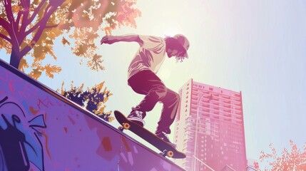 Naklejka premium A skateboarder grinding a rail flat design side view skate park action theme cartoon drawing Tetradic color scheme.