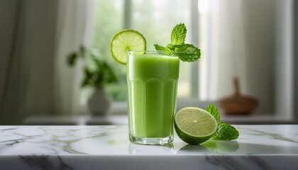 A vibrant green smoothie in a clear glass, garnished with a slice of lime and a mint leaf, r
