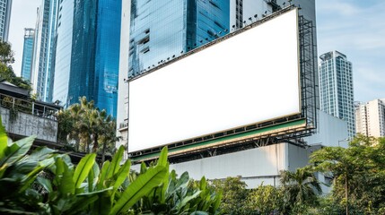 Obraz premium A large blank billboard situated in front of skyscrapers surrounded by foliage, ready for advertising, against a clear sky in an urban setting.
