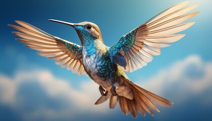 Obraz premium Hummingbird in flight with wings spread wide, hovering above a clear blue sky, with only a f 