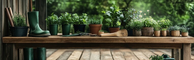 Gardening Tools Neatly Arranged on an Old Wooden Table