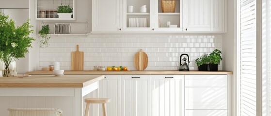 A kitchen with white cabinets and a wooden countertop 