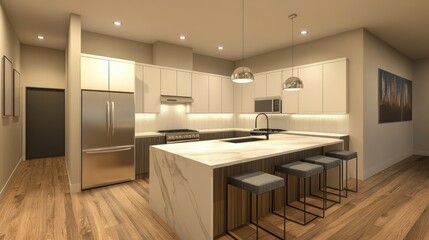 Modern Kitchen with Island, Stainless Steel Appliances, and Wood Flooring