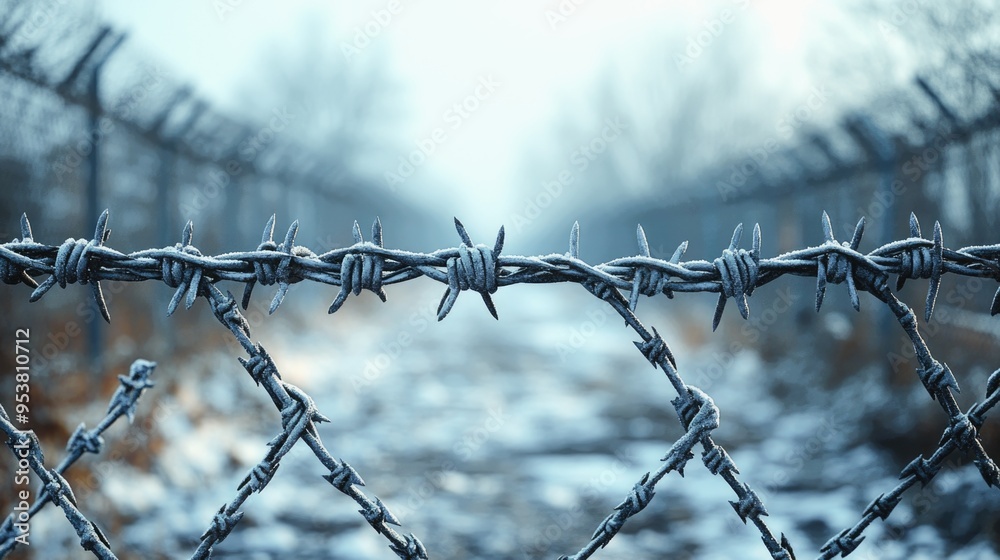 Wall mural view along a high fence with barbed wire against blue und colorful sunset sky.