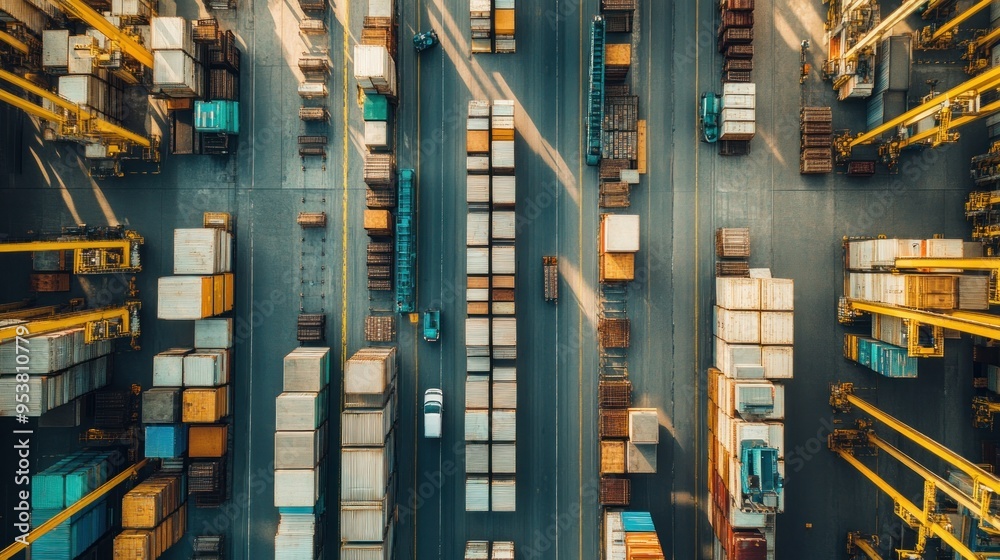 Poster aerial view of cargo containers and cranes at a shipping port