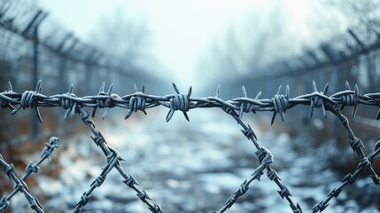 view along a high fence with barbed wire against blue und colorful sunset sky.