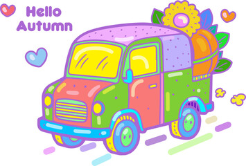 Fototapeta premium Hello Autumn birthday party, cute car Holiday wreath with fall leaves and flowers, orange pumpkins, candy, balloons, confetti isolated symbols Holiday invitation, cartoon Halloween card, Thanksgiving 