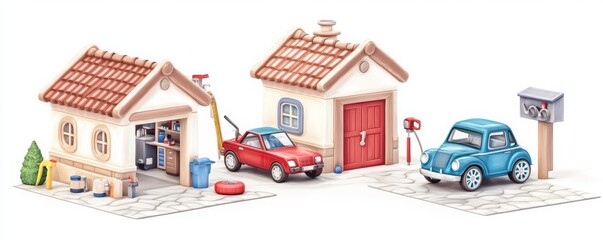 Charming illustration of houses, vehicles, and a mailbox. Perfect for representing home, family, and neighborhood themes.