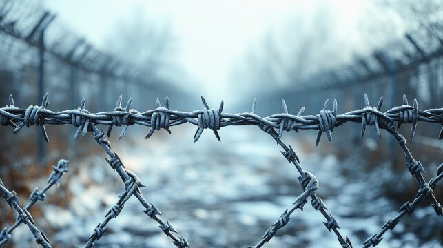 view along a high fence with barbed wire against blue und colorful sunset sky.