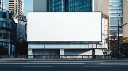 Obraz premium A large blank billboard on a building front above a street, providing ample space for advertising amidst an urban environment with clear skies.