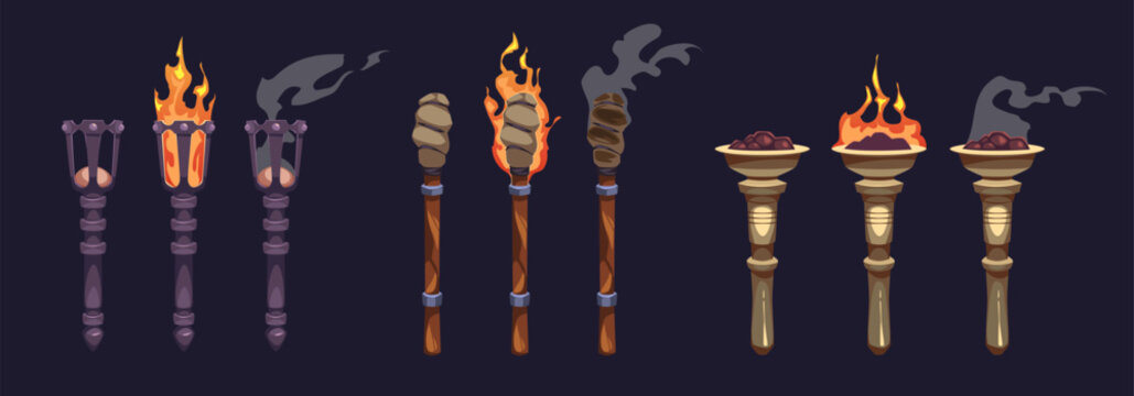 Burning torch. Fiery, smoldering and extinguished antique lighting fixtures, metal, wooden and stone shelves with fire, ancient castle lights cartoon flat style isolated tidy vector set