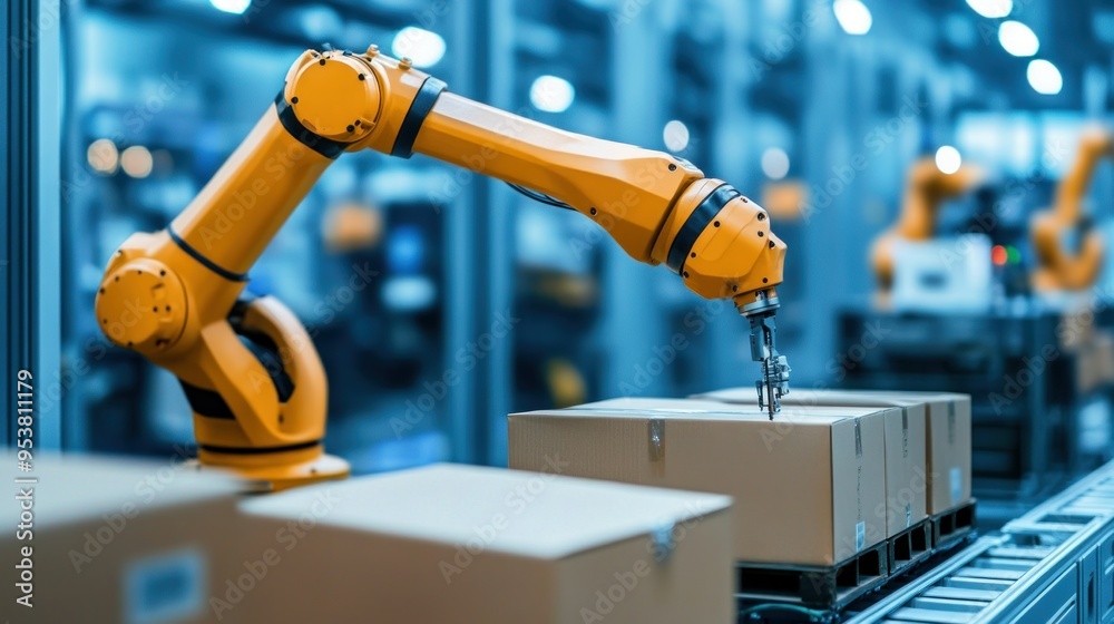 Poster yellow robotic arm handling cardboard boxes on conveyor belt in factory