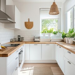 Fototapeta premium A kitchen with white cabinets and a wooden countertop 