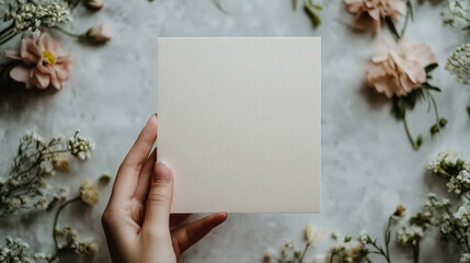 A hand holding a white card with a floral pattern