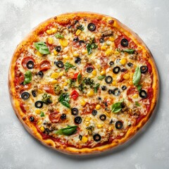 Delicious Vegetarian Pizza on Light Grey Table Top View for Food Blog or Restaurant Menu Generative AI