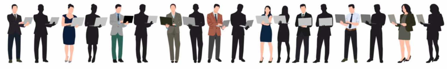 Business people working at laptop. Different men and women standing using laptop. 