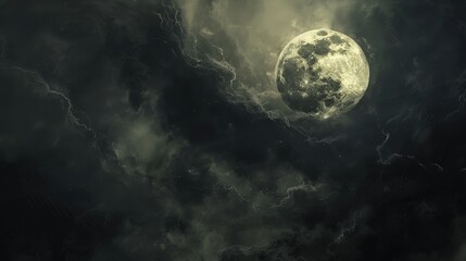 dramatic scene with dark clouds obscuring the full moon, creating a mysterious and atmospheric night sky
