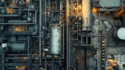 Aerial View of Industrial Complex with Interconnected Pipes and Tanks