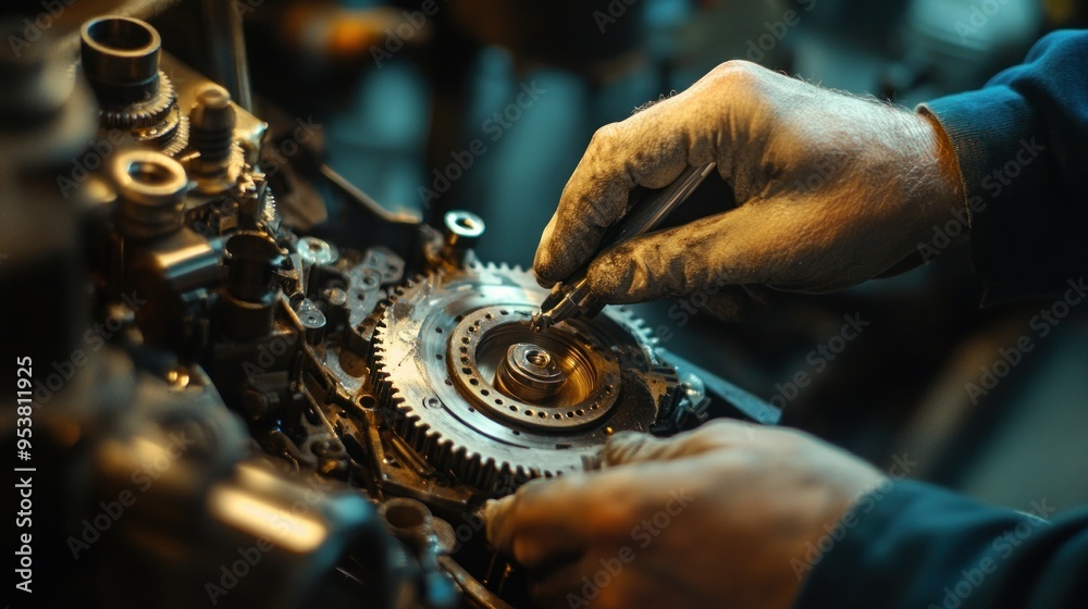 Poster Mechanic Working on a Complex Gear System with a Tool