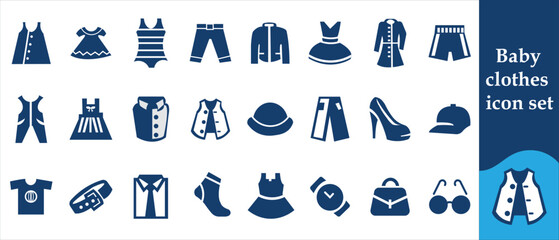 Baby clothes icon set contains different icons of baby clothes, cute decorations, baby clothes.