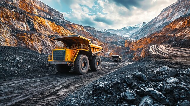 Massive mining truck navigating a rugged terrain in an open pit mine, showcasing heavy machinery in a dramatic landscape.