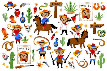 Set of cowboy characters, American Wild West Collection. For children room designs. Rodeo. Horses, skulls, snakes, wanted