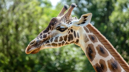 Obraz premium A close-up of a giraffeâ€™s head, showcasing its long neck and distinctive spots.