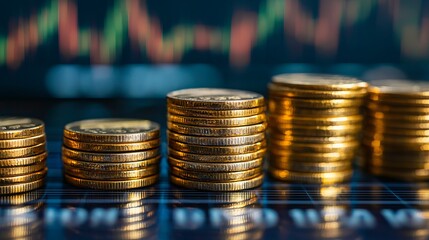 Close-up view of stacked coins on a financial chart background, symbolizing investment and economic growth.