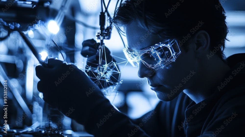 Poster A Technician Working with a High-Tech Machine in a Blue-Lit Factory