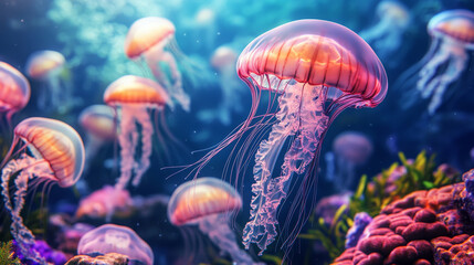 A group of jellyfish are swimming in the ocean