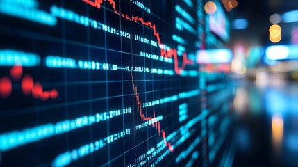 Close-up of stock market graph displaying financial trends with vibrant colors and dynamic data visualization.