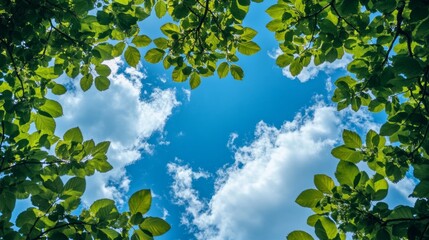 Panoramic View of Green Tree Leaves Against Blue Sky Generative AI