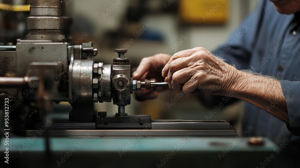 Aufkleber close-up of elderly hands adjusting a machine component