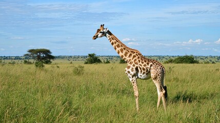 Obraz premium A giraffe grazing in the savannah with a wide expanse of grass and acacia trees in the background.