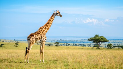 Obraz premium A giraffe grazing in the savannah with a wide expanse of grass and acacia trees in the background.
