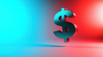 Fototapeta premium A bold dollar symbol highlighted by striking blue and red neon lighting, evoking a dynamic and modern feel.
