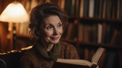 A woman is sitting in a library reading a book