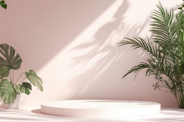 Fototapeta premium Unobtrusive botanical background with shadow on the wall - trend frame, cover, card, postcard. Exhibition Podium, stand, showcase on pastel light background for premium product , with generative ai